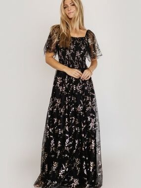 Black Floral Sequin Maxi Dress with Square Neck